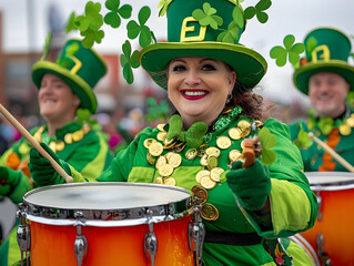 cheerful leprechaun themed band playing upbeat music during festive parade