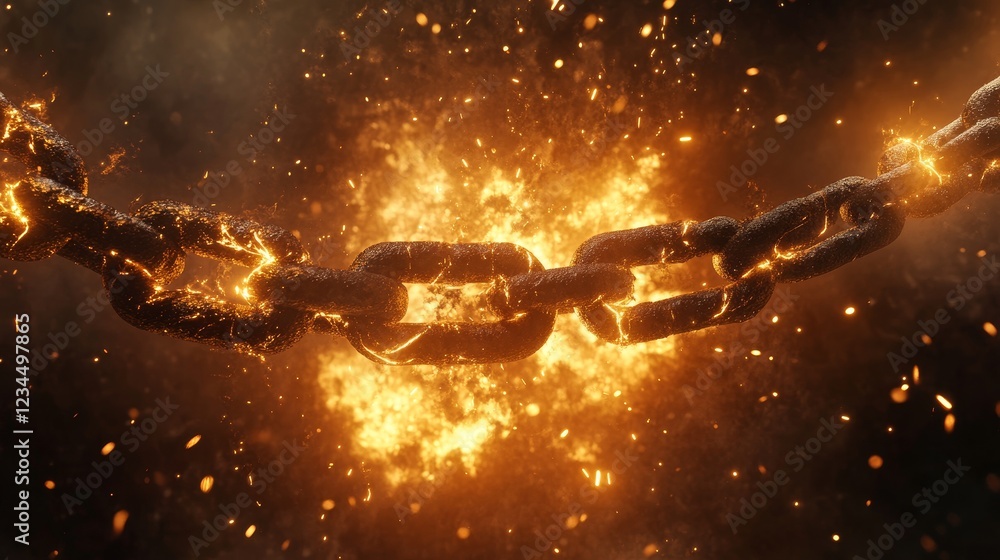 Poster dramatic explosion of a chain breaking fiery scene studio digital art dynamic angle symbolizing free