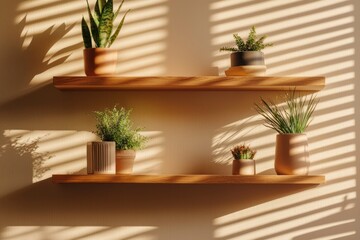 Sunlit Plants Arranged On Wooden Shelves