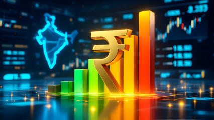Fototapeta premium Indian rupee background, India economy, finance concept. Indian rupee icon 3d rendering illustration with Indian map and graph