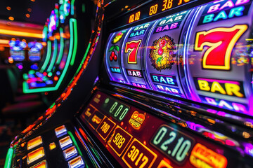 Vibrant close-up of colorful casino slot machine buttons and digital display in a gaming area