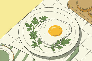 Sunny side up eggs on toast, white ceramic plate, fresh green parsley garnish, marble countertop, bright natural lighting, overhead view, food photography, vibrant colors, crisp details, appetizing