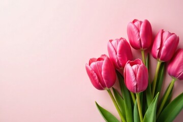 Fototapeta premium A Delicate Bouquet of Pink Tulips on a Soft Pink Background, a Symbol of Springtime Freshness and Delicate Beauty