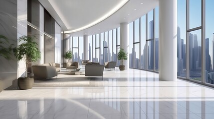 Fototapeta premium Modern Minimalist Office Interior with Panoramic Windows and Elegant Furniture Showcasing City Skyline Views