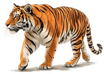 Obraz premium A stunning digital illustration of a walking tiger with realistic fur and a strong stance , A detailed digital illustration of a tiger walking confidently, showing its majestic fur and power