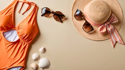 A summer flat lay featuring an orange swimsuit, straw sun hat, and tortoiseshell sunglasses on a light beige background. A stylish beach-themed composition with warm tones.