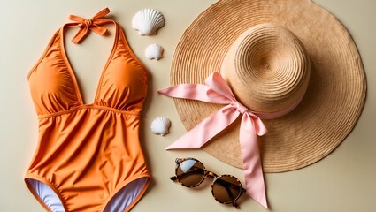 A summer flat lay featuring an orange swimsuit, straw sun hat, and tortoiseshell sunglasses on a light beige background. A stylish beach-themed composition with warm tones.