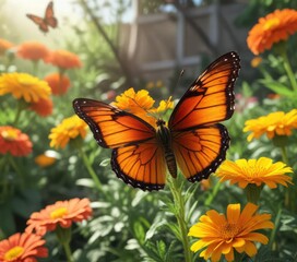 Fototapeta premium Colorful butterfly settles on a sunny marigold in a garden, outdoor gardens, bright colors