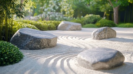 Tranquil Zen Garden with Raked Sand and Stones Provides a Peaceful Meditative Scene