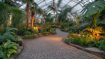 Evening Conservatory Path, Plants, Tropical, Flowers, Glass, Greenhouse, Brick, Walkway, Nature, Relaxation