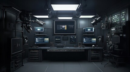 Dark Control Room Monitoring screens, security cameras, and equipment in a futuristic underground bunker for surveillance