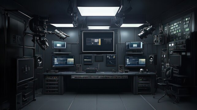 Dark Control Room Monitoring screens, security cameras, and equipment in a futuristic underground bunker for surveillance