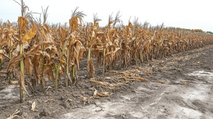 Dry corn stalks field, autumn harvest, rural landscape, drought background, agriculture