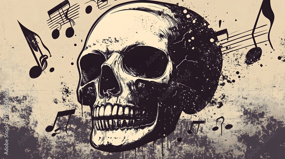 Poster Skull Silhouette with Grunge Music Notes and Splatter Abstract Design