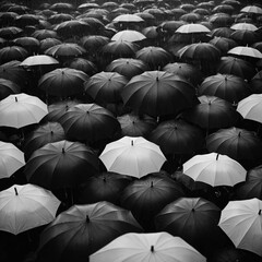A single white umbrella in a crowd of black umbrellas.