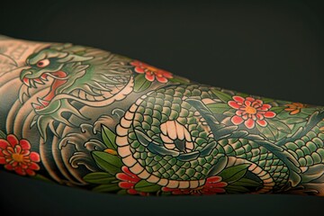 Intricate details of tattoo art, including fine lines, shading, and vibrant colors