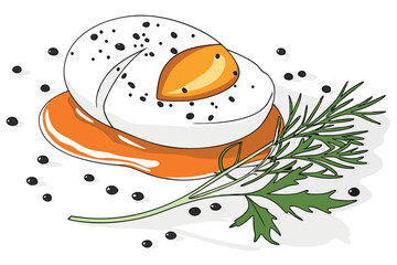 Poached egg, vibrant orange yolk, white background, extreme close-up, high resolution, food photography, black pepper flakes, green herb garnish, minimalist plating, soft lighting, dripping yolk, c