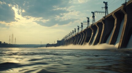 River dam hydroelectric power generation sunset