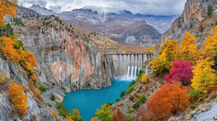 Autumnal mountain dam reservoir, vibrant foliage, cascading water