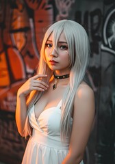 Obraz premium Portrait of Asian young woman wearing white dress and blonde silver white gold hair color with cosplay game makeup for photo shoot.