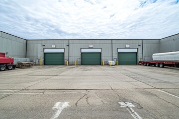 Industrial Warehouse Exterior with Green Roll-Up Doors and Parking Lot