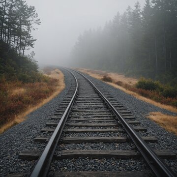 A smooth, curved train track disappearing into white fog.