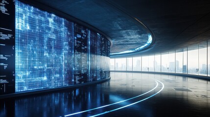 Futuristic data center hallway, city view, digital display, tech innovation