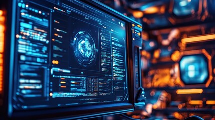Obraz premium Futuristic monitor displaying data, server room, cyber security