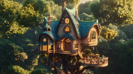 Fototapeta premium Whimsical Heart-Shaped Treehouse Surrounded by Lush Greenery