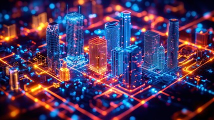 Neon city circuit board, digital urban network