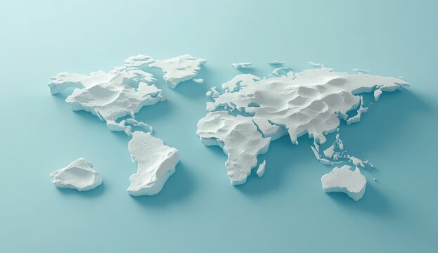 Fototapeta 3D world map on a light blue background, simple and minimalistic, with a white paper texture, representing a global network concept