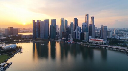 Naklejka premium Cityscape at sunrise with skyscrapers reflecting on calm water and boats sailing around