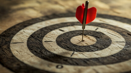 A red dart perfectly hits the center of a wooden target
