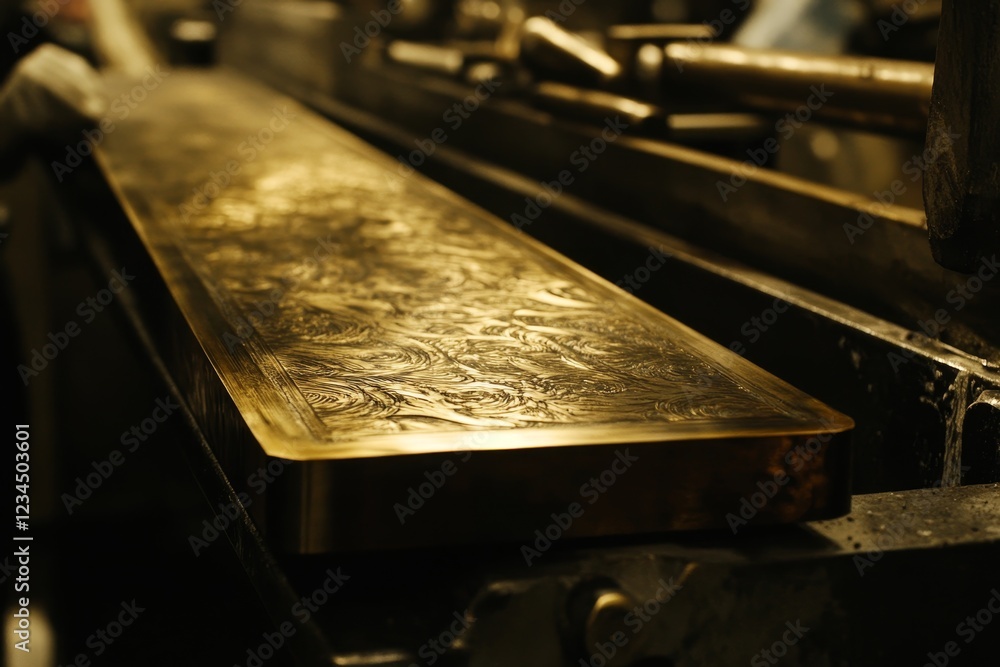 Poster intricate metallic surface with decorative patterns in workshop setting