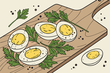 Hard-boiled eggs, wooden cutting board, rustic kitchen, fresh parsley garnish, close-up food photography, soft natural lighting, seasoned with black pepper, vibrant yellow yolks, white egg whites, 