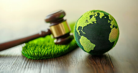 Gavel and Globe: A wooden gavel resting on a bed of green grass, alongside a miniature globe symbolizing the planet Earth, with the continents outlined in green.