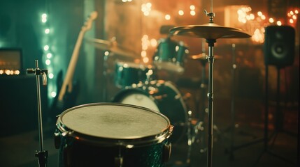 Obraz premium Dark club stage, drum kit close-up, bass guitar, lights