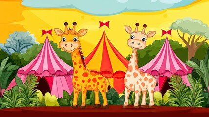Two cheerful cartoon giraffes stand in front of colorful circus tents surrounded by greenery, set against a bright yellow sky.
