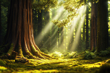 Majestic redwood forest with towering trees and sunlit moss-covered floor