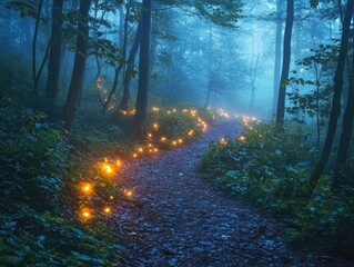 Path in Forest Filled with Lights