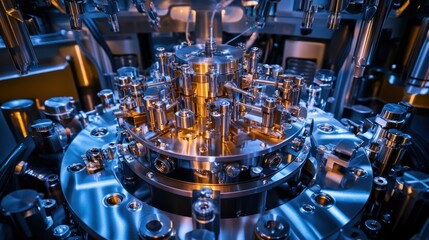 Fototapeta premium Advanced lab equipment processing sample, illuminated, close-up