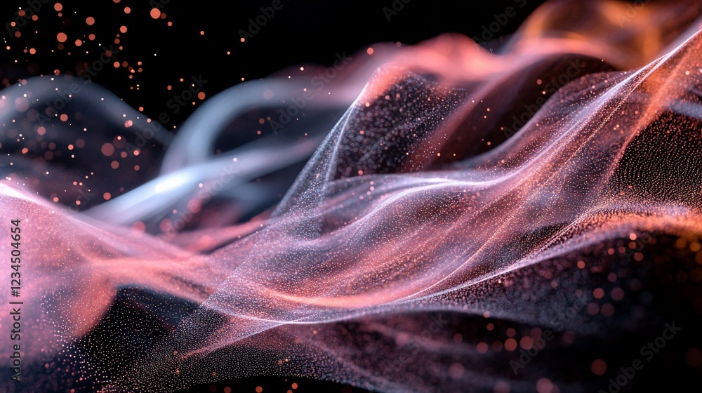 Poster abstract rendering of flowing lines and particles in shades of pink and white on black background
