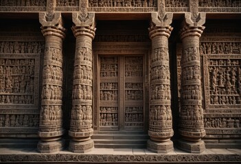 Obraz premium Intricately Carved Ancient Stone Temple Columns with Detailed Relief Sculptures