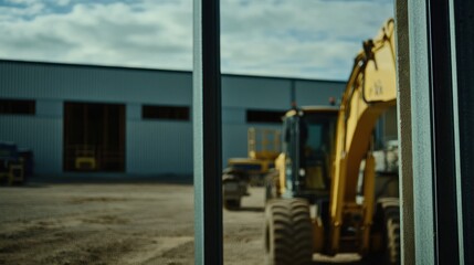Fototapeta premium Yellow excavator at industrial site, viewed through fence, sunny day