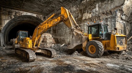 Tunnel excavation Yellow excavators working in a dark, rocky tunnel