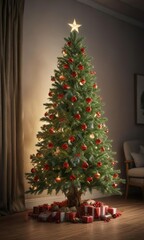 Decorated Christmas tree with a swag of holly, garland, greenery
