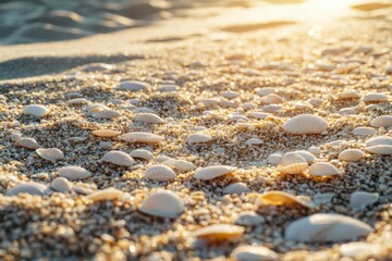 Seashells scattered on a sandy beach at sunrise