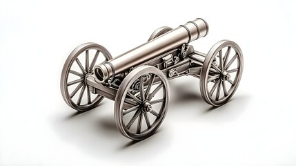 Fototapeta premium Photorealistic Toy Cannon on Wheels Isolated Against White Background