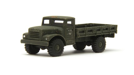 Obraz premium Photorealistic Toy Military Transport Truck Isolated on White Background