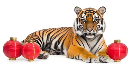 Fototapeta premium Tiger Surrounded by Chinese Lanterns on Isolated White Background
